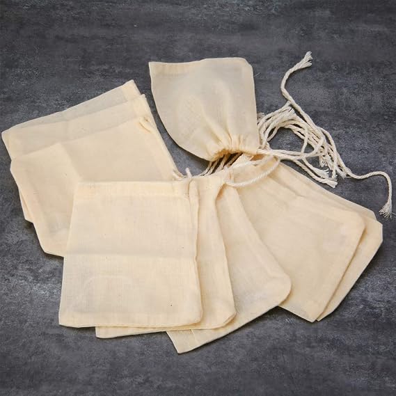 EORTA 50 Pieces Tea Strainer Bags Reusable Coffee/Tea/Herb Brew Bags Loose Leaf Infuser Cotton Muslin Drawstring Soup Spice Bags for Cooking, Beige