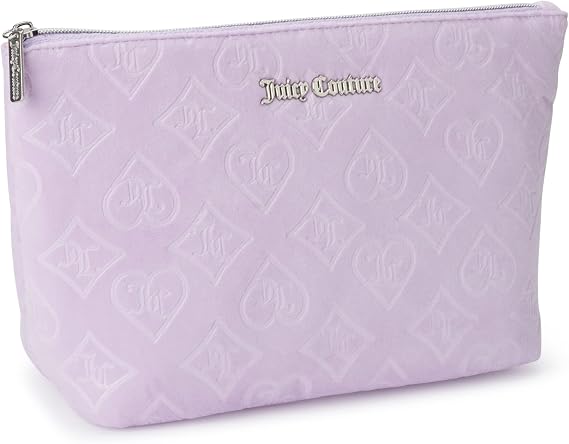 Juicy Couture Lavender Purple Makeup Bag Cosmetics Organizer Travel Essentials Zip Top Wedge Velour Heart Diamond
