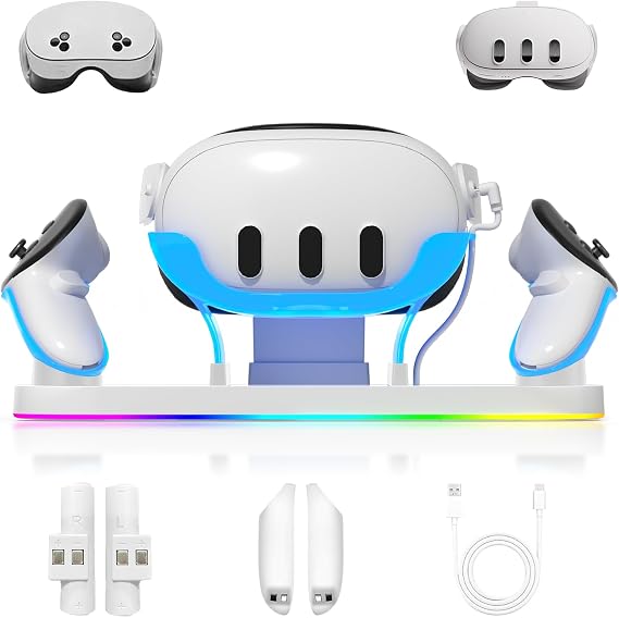 Charging Dock for Meta Quest3/3S, 18W Fast Charger with 2 Rechargeable Batteries, 8 LED Lighting Modes, USB-C Charging Accessory for Oculus Meta Quest 3/3S, Support Elite/Battery Head Strap