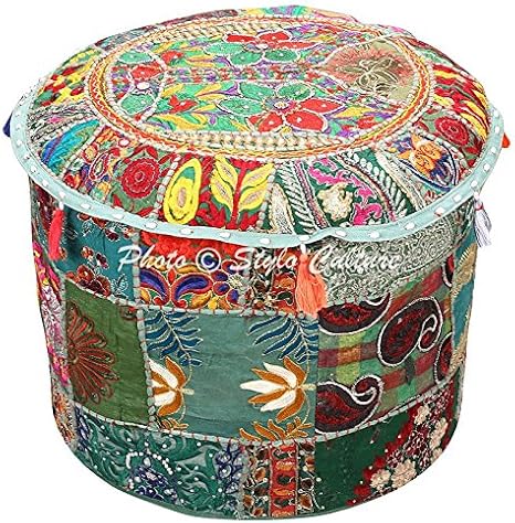 Indian Floor Ottoman Pouf Cover Round Patchwork Embroidered Pouffe Green Cotton Floral Traditional Furniture Footstool Seat Puff (22x22x14) Bean Bag Living Room Decor