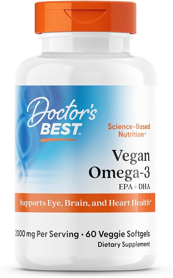 Doctor's BEST Vegan Omega-3 EPA + DHA from Algae - Vegan Plant Based Omega 3 Supplement for Women & Men, Supports Memory, Brain & Cardiovascular Health, Non GMO, Gluten Free - 60 Veggie Softgels