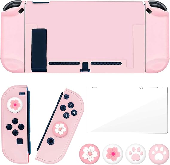 OLDZHU Pink Dockable Protective Case Compatible with Nintendo Switch Joy-Con Controllers with Glass Screen Protector 4 Thumb Grip Caps Shock Absorption and Scratches Pink Accessories for Nintendo Switch