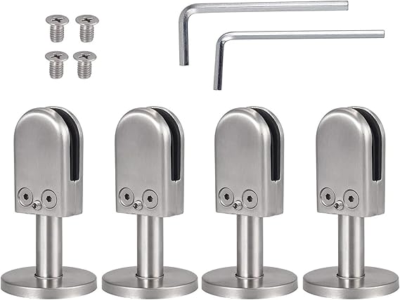 4 Piece Adjustable Floor Spigot Glass Clamp, D Clamp for Frameless Glass Panels, for Glass Screen Glass Pool Fence Staircase Balustrade,with Support Column,Height 60mm,10mm~12mm