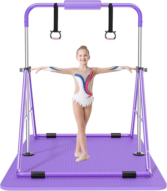 Safly Fun Foldable Gymnastics Bar for Kids, Adjustable 35"-51", Sturdy 145 lbs Capacity, Easy-to-Assemble, Gymnastics Equipment for Kids for Indoor/Outdoor Training