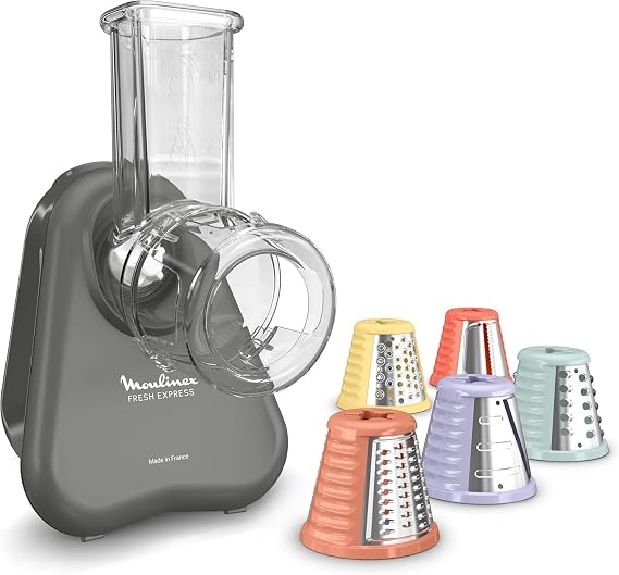Moulinex Fresh Express DK855HE0 Electric Vegetable Grater, Direct Serving System, 5-in-1, Chopping, Grating, Grating, Wave-shaped, Cable Storage System, Accessories Dishwasher Safe, Grey