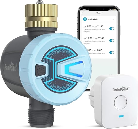 RAINPOINT WiFi Water Timer, Sprinkler Timer for Garden Hose, Smart Automatic Irrigation System with Brass Inlet for Yard, Lawn, APP Remote Control via 2.4Ghz WiFi and Bluetooth Blue