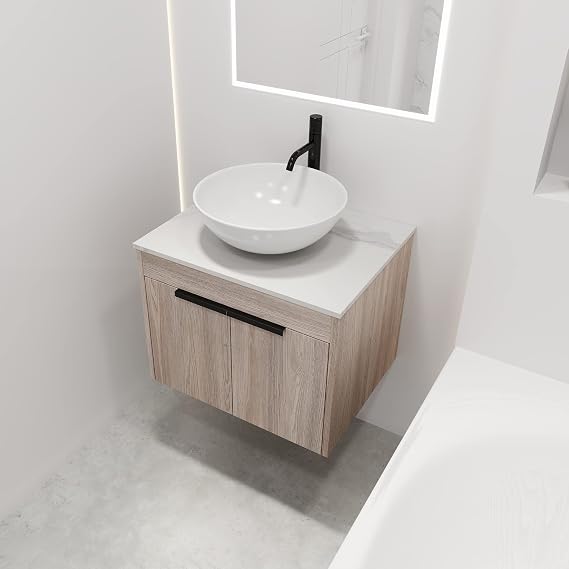 Floating Bathroom Vanity with Sink, 24 inch Wall Mounted Bathroom Cabinet Glossy Storage Vanity Under Unit with Ceramic Basin Sink and Doors