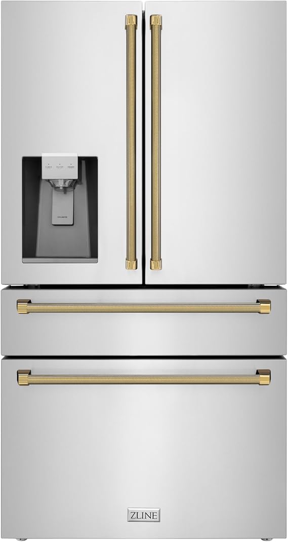 ZLINE Autograph Edition 36 in. 21.6 cu. ft. Counter-Depth French Door Refrigerator with Water and Ice Dispenser in Fingerprint-Resistant Stainless Steel with Polished Gold Helix Handles