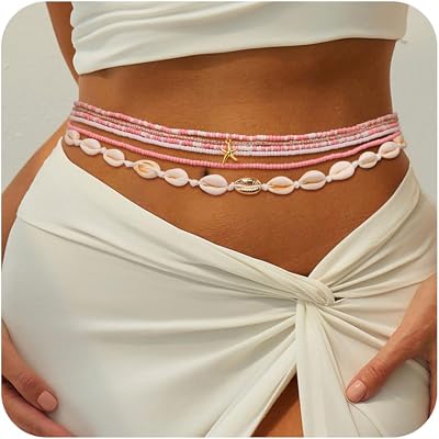 6Pcs Colorful Waist Beads Chain for Women Multi-layered Beaded Belly Chain Sexy Starfish Shell Chain for Waist Summer Beach Bikini Belly Body Chain Jewelry
