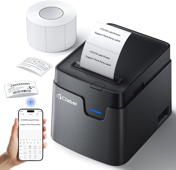 CLABEL 221D Desktop Thermal Barcode Label Printer, 2 Inch Width | Bluetooth Label Maker, Direct Thermal Printing, with 1 Roll Label, for Office, Warehouse and Mailing Address