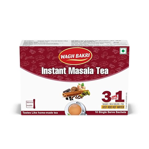 Wagh Bakri Instant Masala Tea | 3 in 1 Sugar+Milk Solids+ Tea | 10 Single Serve Sachets | 140g (4.93 Ounce)