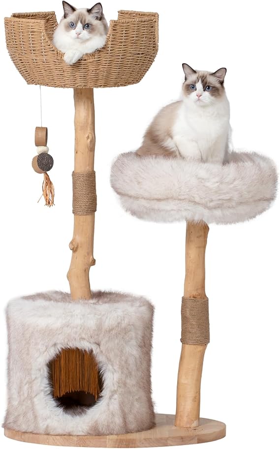 PEGIC 44-inch Natural Branch Cat Tower, Tall Multi-Level Cat Tree