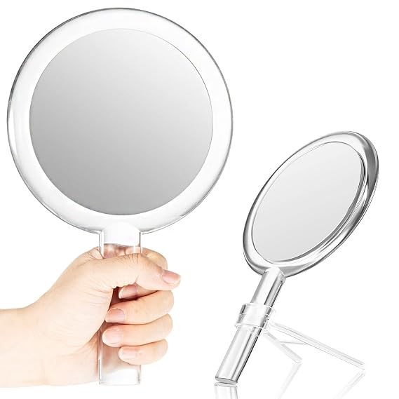 Queekay Magnifying Double Side Hand Makeup Mirror with Stand, 1x/10x | 10.2 x 6 in Handheld Mirror with Handle, Clear Portable Adjustable, Travel Handheld Magnified Makeup Mirror, for Men Women