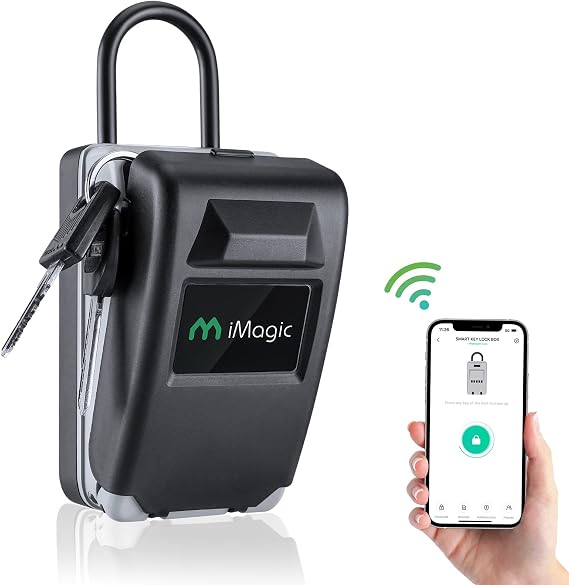 iMagic Bluetooth Key Lock Box Wall Mounted, Safe Key Holder with Combination Lock for Outside, Portable Smart Security Door Lockbox for House Key Storage
