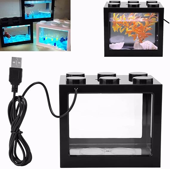 Mini Aquarium Box, Small Betta Fish Multifunctional USB Rechargeable Fish Tank with LED Light Lamp Reptile Feeding Box Building Block Fish Bowl Home Decor LED Light Feeding Box(Black)