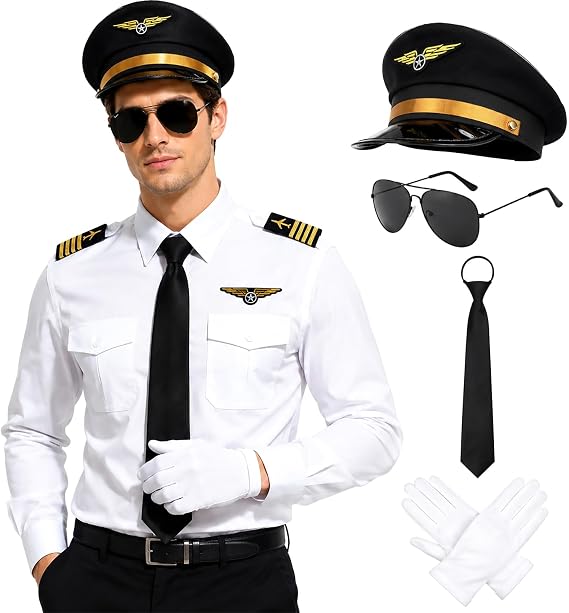Pilot Costume for Men Airplane Captain's Long Sleeve Shirt Suit with Hat Sunglasses Tie Gloves Aviator