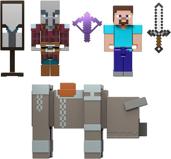 8 cm'lik koleksiyona uygun Mattel Minecraft Köy Baskını Paketi, Steve dahil 3 aksiyon figürü ve aksesuarlar, JJT18