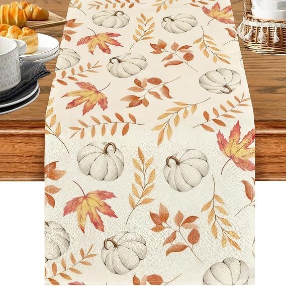 Orange Pumpkins Maple Leaves Autumn Table Runner, 33*180cm Harvest Festival Fall Kitchen Dining Tablecloth, Rectangle Tablecloth Seasonal Kitchen Dining Table Decoration for Home Picnic Party