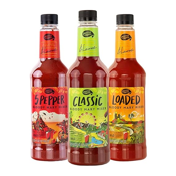 Master of Mixes Bloody Mary Variety, Ready to Use, 1 Liter, 3 Pack | Classic, 5-Pepper, Loaded Bloody Mary | Gourmet Cocktails & Mocktails at Home, Pour & Mix, Brunch Ready