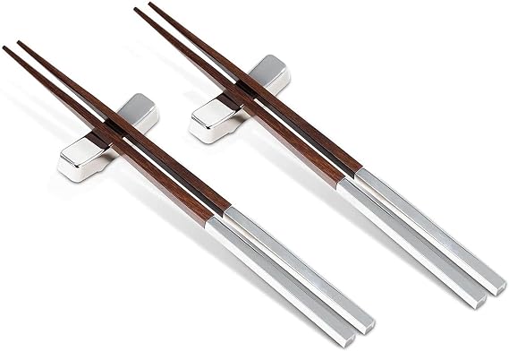 Natico Originals Silver Metal and Wood Chopsticks Set | Set of 2 Pairs w/ 2 Rests | Gift Set, Gift Packaged | Reusable (60-603SET)
