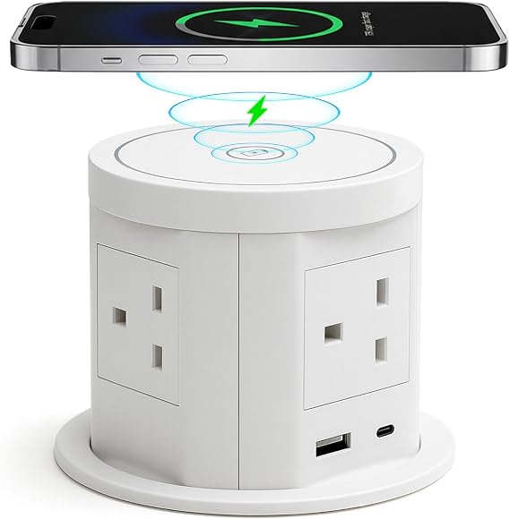 Pop up Sockets for Kitchen Worktops with 15W Wireless Fast Charger, Touchscreen Automatic Pop up, 5 x UK Plugs 1x USB & 1x 20W Type C Port for Home Office Kitchen Worktops Desktop