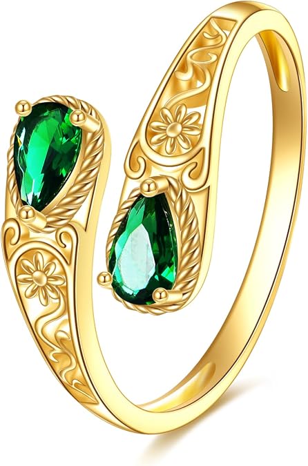 KECHO 14K Gold Filigrane Ring Boho Adjustable Open Ring Gemstone Spoon Ring Vintage Thumb Rings for Women