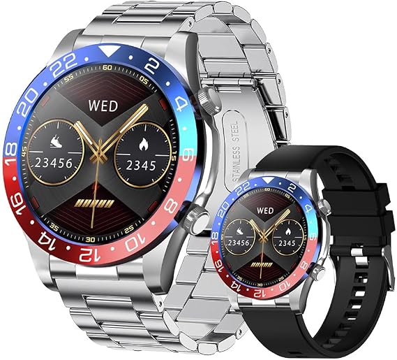 Men's Smartwatch 1.43 AMOLED HD Screen Bluetooth Calling Activity Tracker Heart Rate Monitor IP68 Waterproof Compatible Android and iOS, Sports and Fitness Watch (Present Silicone Band) (RED Blue)