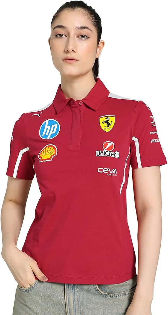 PUMA Scuderia Ferrari F1 2025 Women's Team Polo - Red | Women's collared team polo shirt, Team stripe detail and shoulder panels, Officially licensed