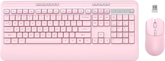 Pink Wireless Keyboard and Mouse Combo, Full-Sized Cordless Keyboard with Wrist Rest and 3 DPI Adjustable Mouse, 2.4GHz Silent Full-Size Keyboard and Mouse for Computer, Desktop and Laptop