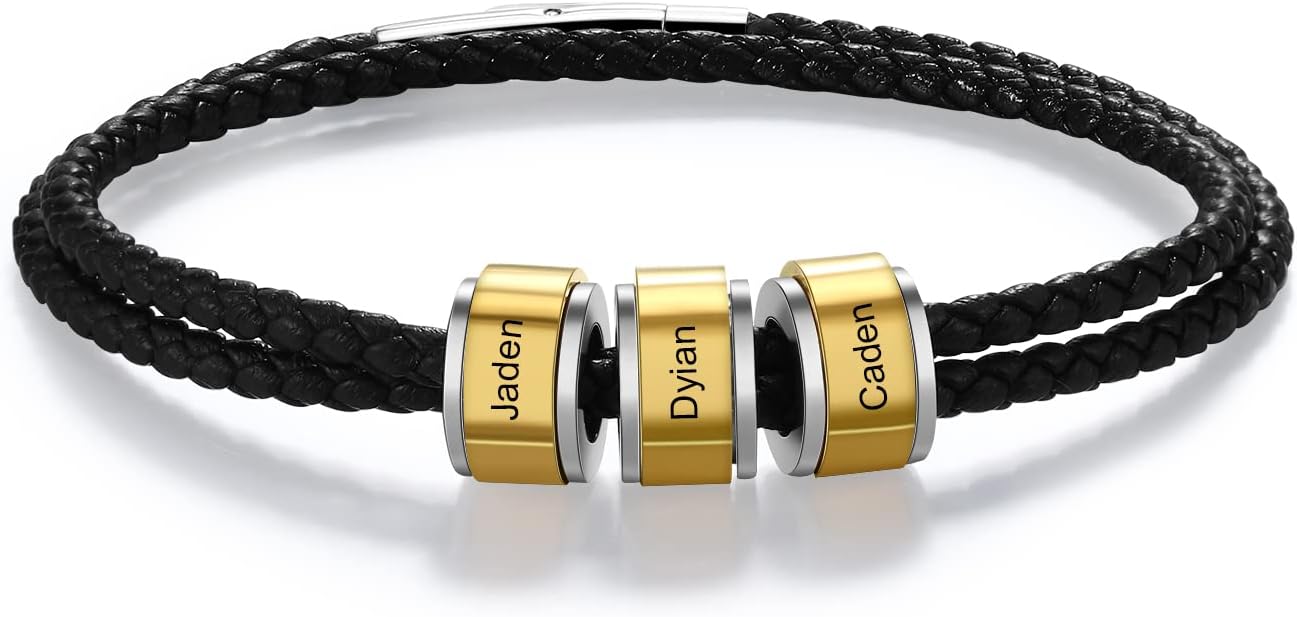 JewelOra Personalized Bracelet for Men Custom 2-5 Name Charm Beads Bracelets Engraved Name ID Black Braid Leather Bracelet Jewelry Gift for Son Father Boyfriend