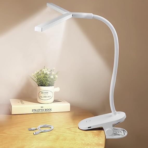 Desk Lamp for Home Office Bedroom Clip on Table Lamp with USB Charging Port/ 3 Color Modes/360 Flexible Gooseneck, Clamp Light for Book Reading (White)