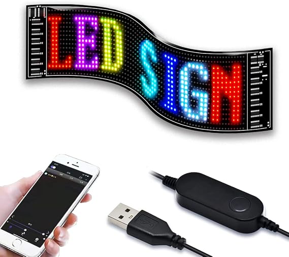 LED Matrix Panel Bluetooth APP Control USB 5V Flexible LED Screen Scrolling Text Pattern Animation Sign for Car Windows, Shop, Bar and Entrance