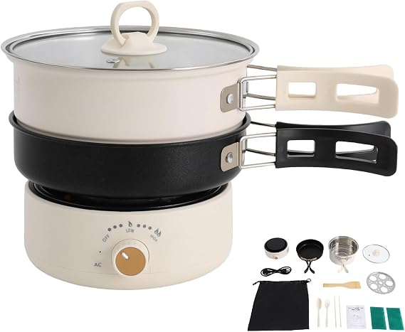 Foldable Electric Hot Pot with Frying Pan 500W, Multi-function Portable Travel Cooker with Steamer, Non-stick Separable Electric Skillet Mini Hot Pot for 1-2 People