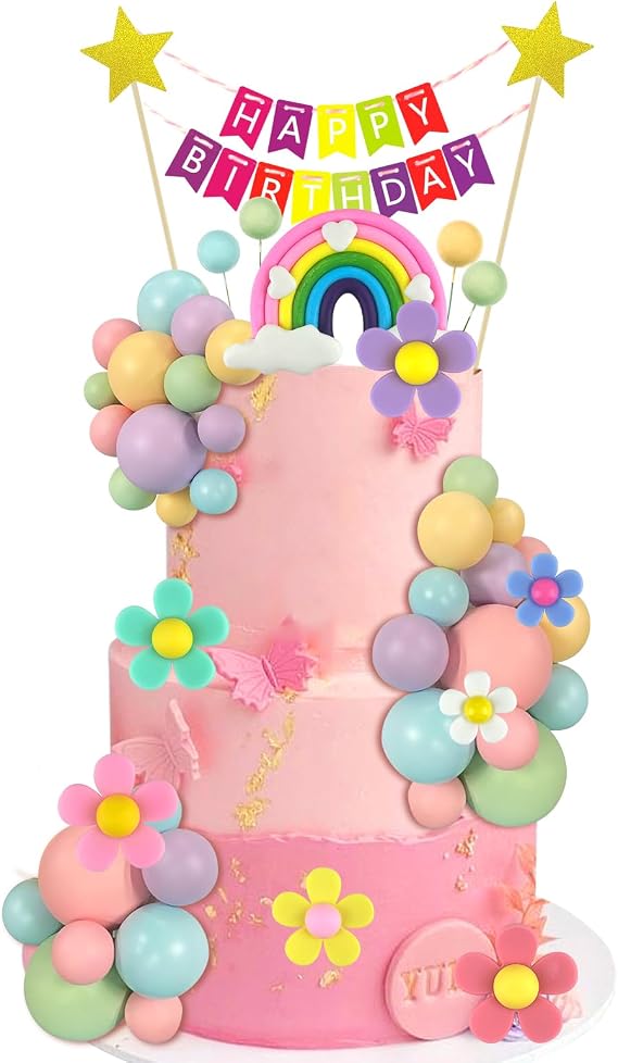 Rainbow Cake Topper Colorful Balls Cake Decorations Rainbow Cake Decoration | 41 Pcs Daisy Flower Cake Cupcake Toppers Happy Birthday Cake Banner Pastel Cake Topper for Boys Girls Birthday Party Supplies
