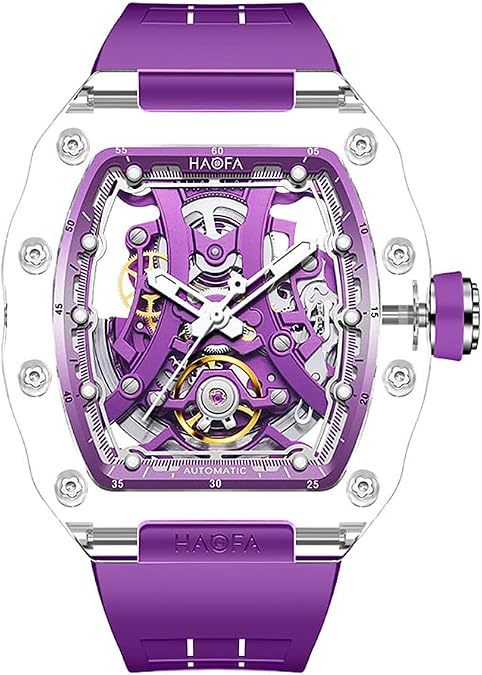 Haofa K9 Crystal Glass Transparent Automatic Men Watch Tonneau Track Elements Skeleton Mechanical Wristwatch for Men Luminous Waterproof Watches with Rubber Strap 2326