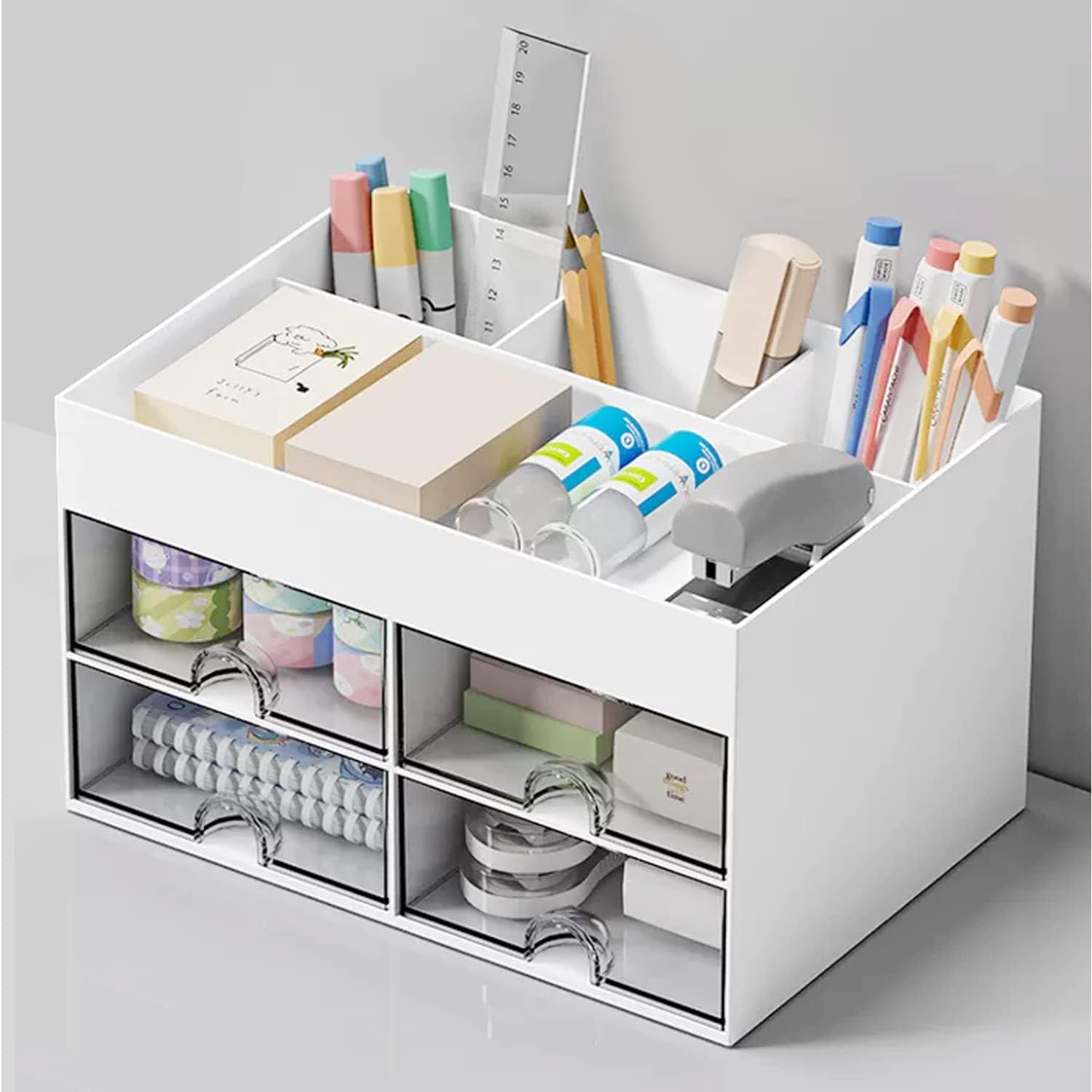 Tumosando Desk Organizer with 4 Drawers, Stationery Storage, Multi-functional, Accessory Case, Drawer, Tabletop, No Assembly Required, Pen Holder, Large Capacity, Easy to Use, Desktop Storage, Remote
