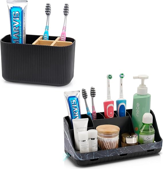 Bundle-2 Items: Black Toothbrush Holder and Bathroom Organizer