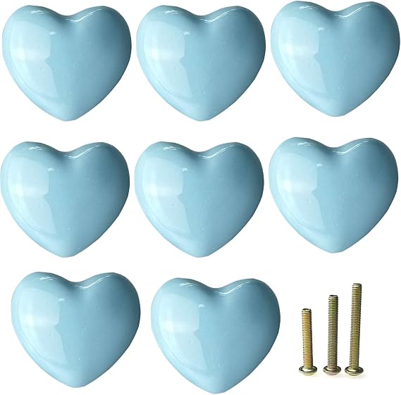 8Pcs Sky Blue Ceramic Knobs, Heart Knobs for Cabinets & Drawers