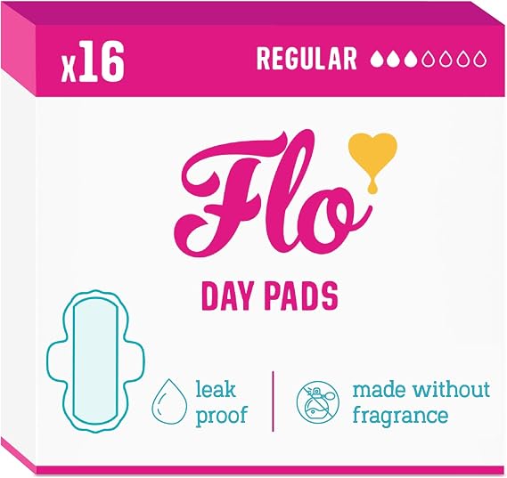 Flo - Day Menstrual Pads (16 Pack) - Organic Bamboo Period Pads for Women - Regular Flow - Leak Locking - Winged, Ultra-Thin - Absorbent, Soft & Breathable - Plant Based Vegan, Cruelty Free