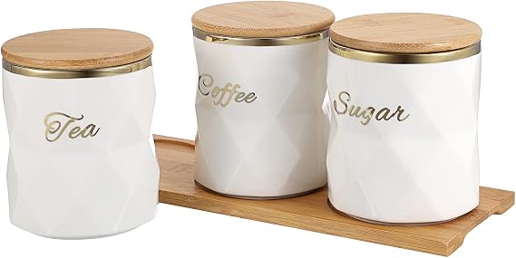 BTSKY White Ceramic Sugar Coffee Tea Canisters with Lid and Tray | Airtight Set of 3 Storage Canisters Food Storage Pots Jars with Bamboo Lid for Kitchen Counter Cafe