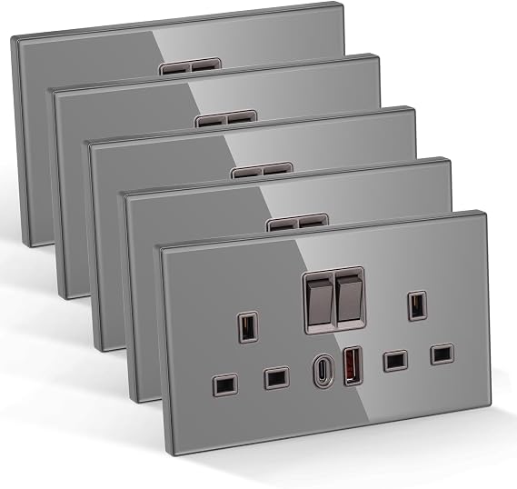 CNBINGO Double Switched Socket with 20W PD USB C and A Fast Charging Ports, Electric Power Sockets 2 Gang 13 Amp, Grey Tempered Glass Panel Wall Outlet, 5 Pack