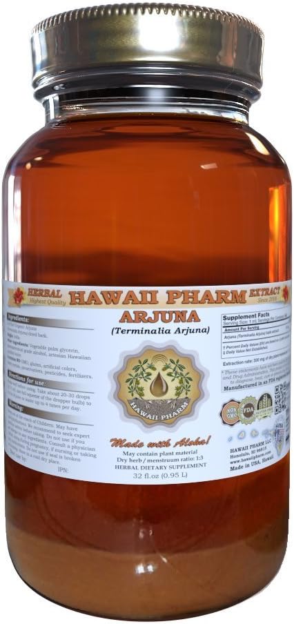 Hawaii Pharm Arjuna Liquid Extract, Arjuna (Terminalia Arjuna) Dried Bark Powder Tincture Herbal Supplement 32 oz Unfiltered