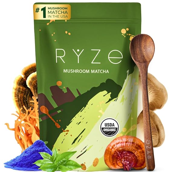 RYZE Organic Mushroom Matcha with 6 Adaptogenic Mushrooms, 30 Servings | Ceremonial Grade Matcha, Lion's Mane, L-Theanine & Blue Spirulina, Supports Energy, Focus & Immunity, Gluten Free, Vegan