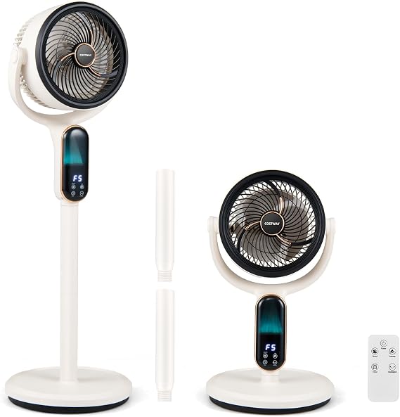 COSTWAY Oscillating Pedestal Fan, Quiet Standing Fan with 8 Speeds, Remote | 12H Timer, 21"-38" Adjustable Height and LED Display, Air Circulator with Auto Oscillation, Floor Fan for Bedroom, White
