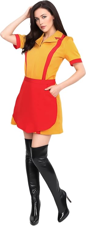 DAZCOS Waitress Costume for Women US Size Yellow Uniform Party Halloween Christmas Cosplay Dress
