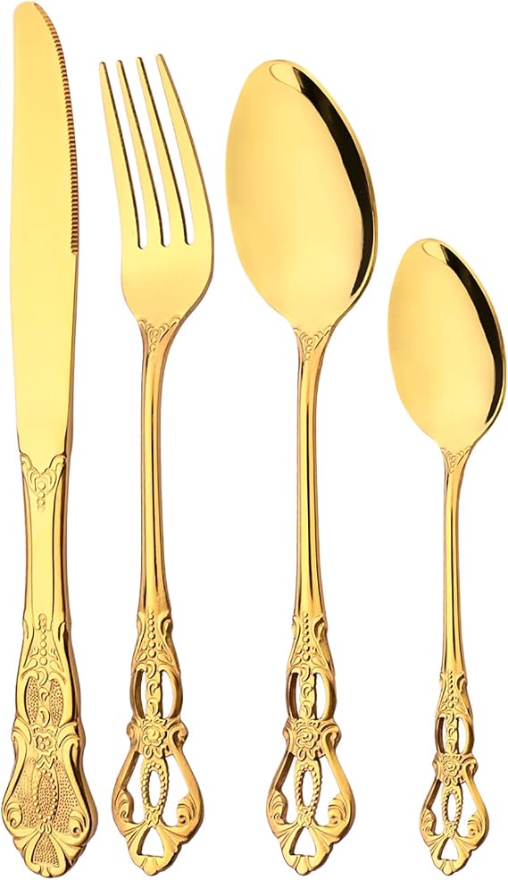 Mirror Polished Gold Silverware Set, 24-Piece 18/10 Stainless Steel Shiny Finish Flatware Service for 6, Kitchen Utensils, Tableware Cutlery for Home and Restaurant, Dishwasher Safe
