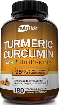 NutriFlair Turmeric Curcumin with BioPerine - 1300mg, 180 Capsules - 95% Standardized Curcuminoids Turmeric Supplement Extract with Black Pepper for Optimal Absorption - 180 Capsules