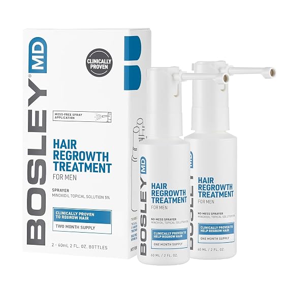 BosleyMD 5% Minoxidil Spray, Extra Strength Thinning Treatment/Hairspray for Hair Loss and Hair Regrowth for Men, Topical Solution, No Mess Sprayer, 2-Pack, 2-month Supply