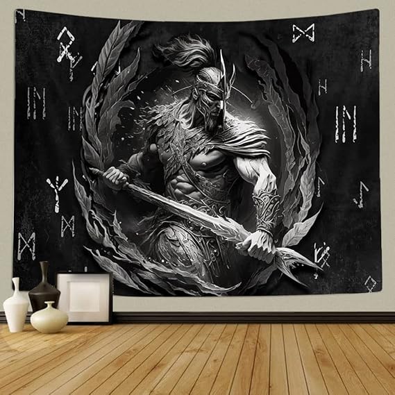 Xiaoput Viking Decor Tapestry, Warrior Sword Black and White Ancient Art Wall Tapestry, Nordic Meditation Runes for Men Bedroom Gothic Room Dorm Decor 60x40 in