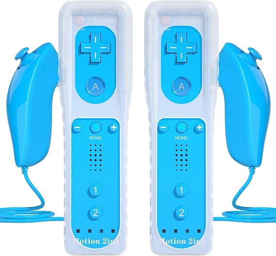TechKen 2 Sets Remote Controller for Wii, Replacement Remote Built-in Motion Plus Controller and Nunchuck (2 Blue)